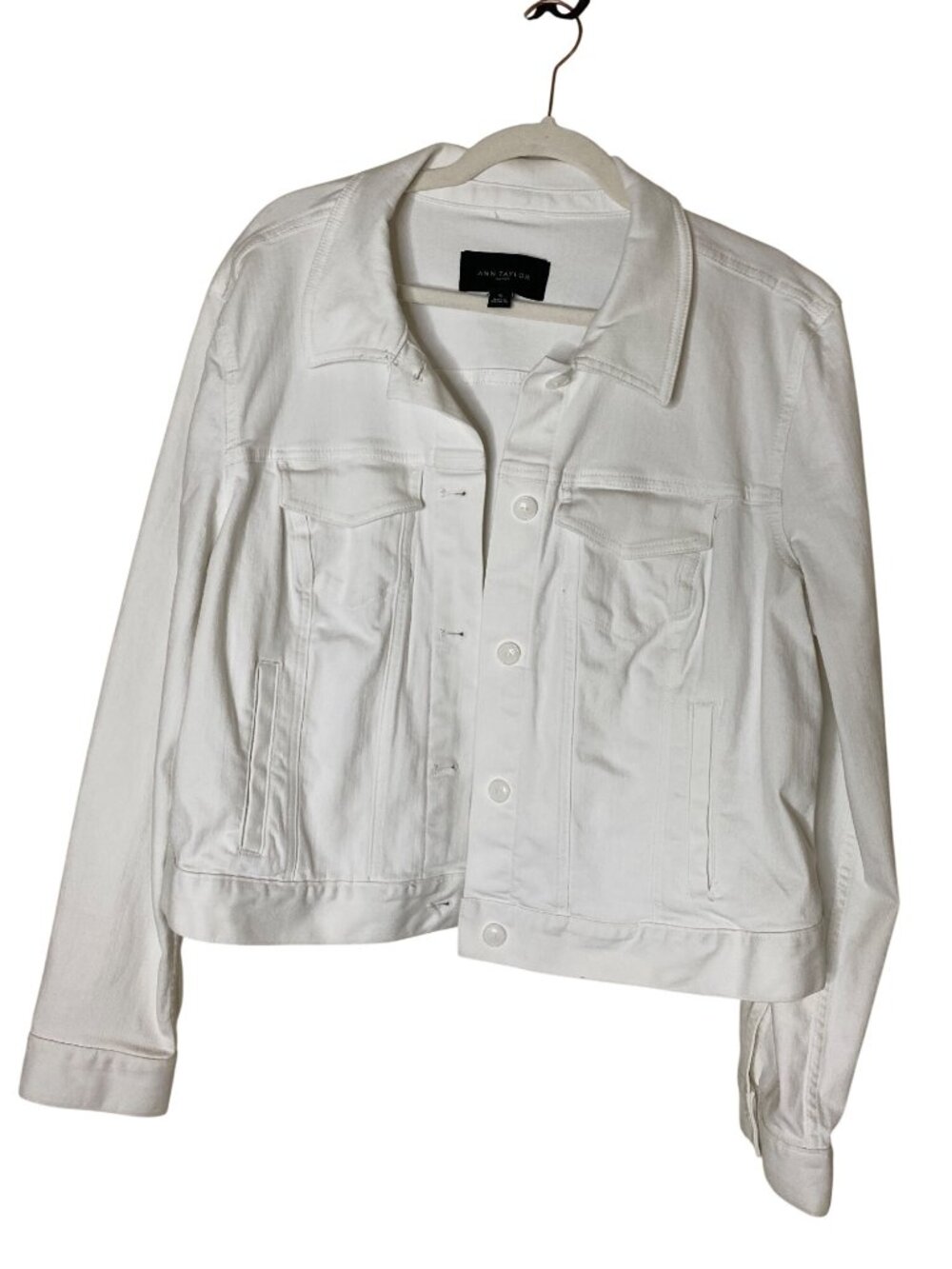 Ann Taylor Womens XL White Denim Jacket Stretch Button Front Trucker Coat - Picture 1 of 7